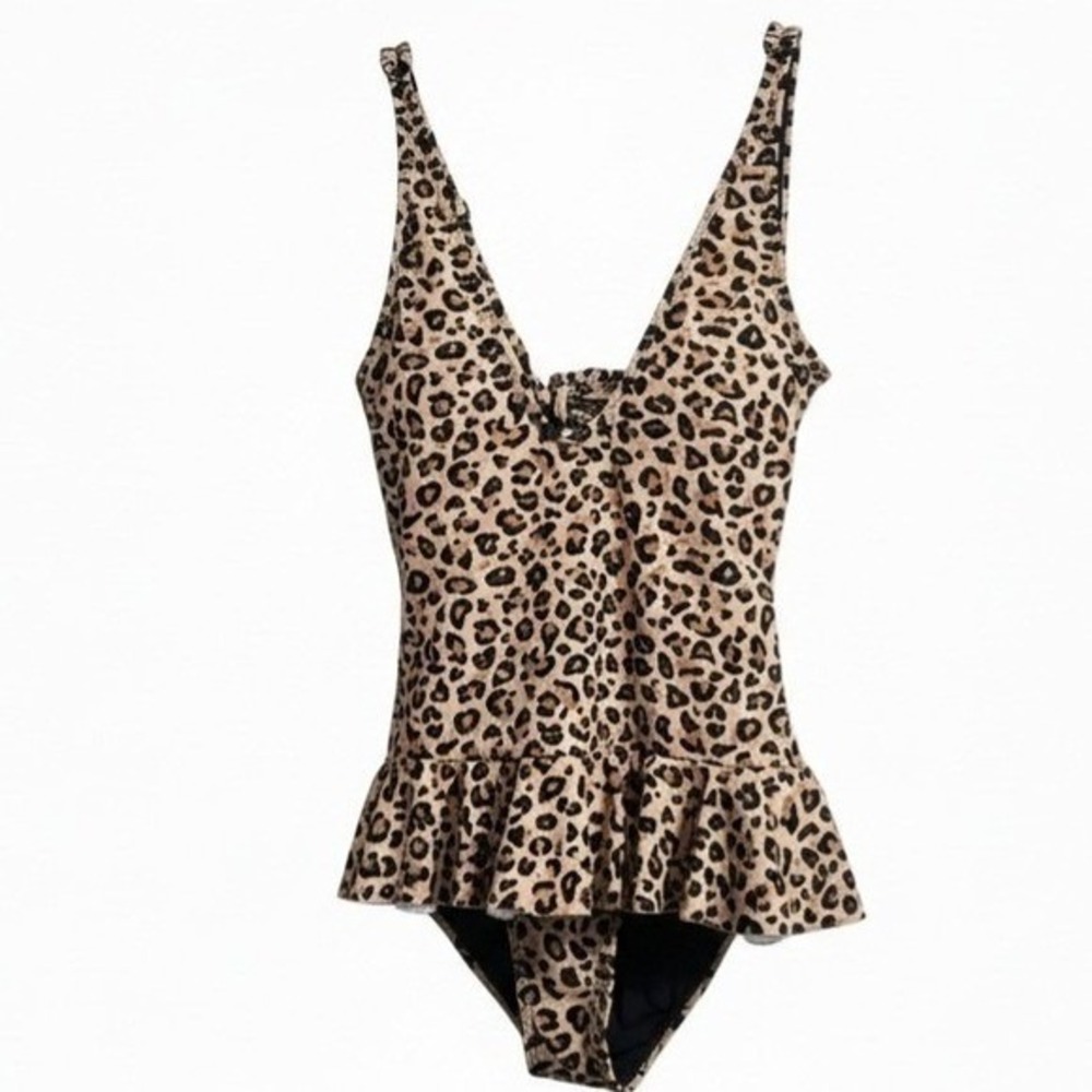Betsey Johnson Leopard Love One Piece Swim Dress Ruffle Animal Print Small - Picture 3 of 4